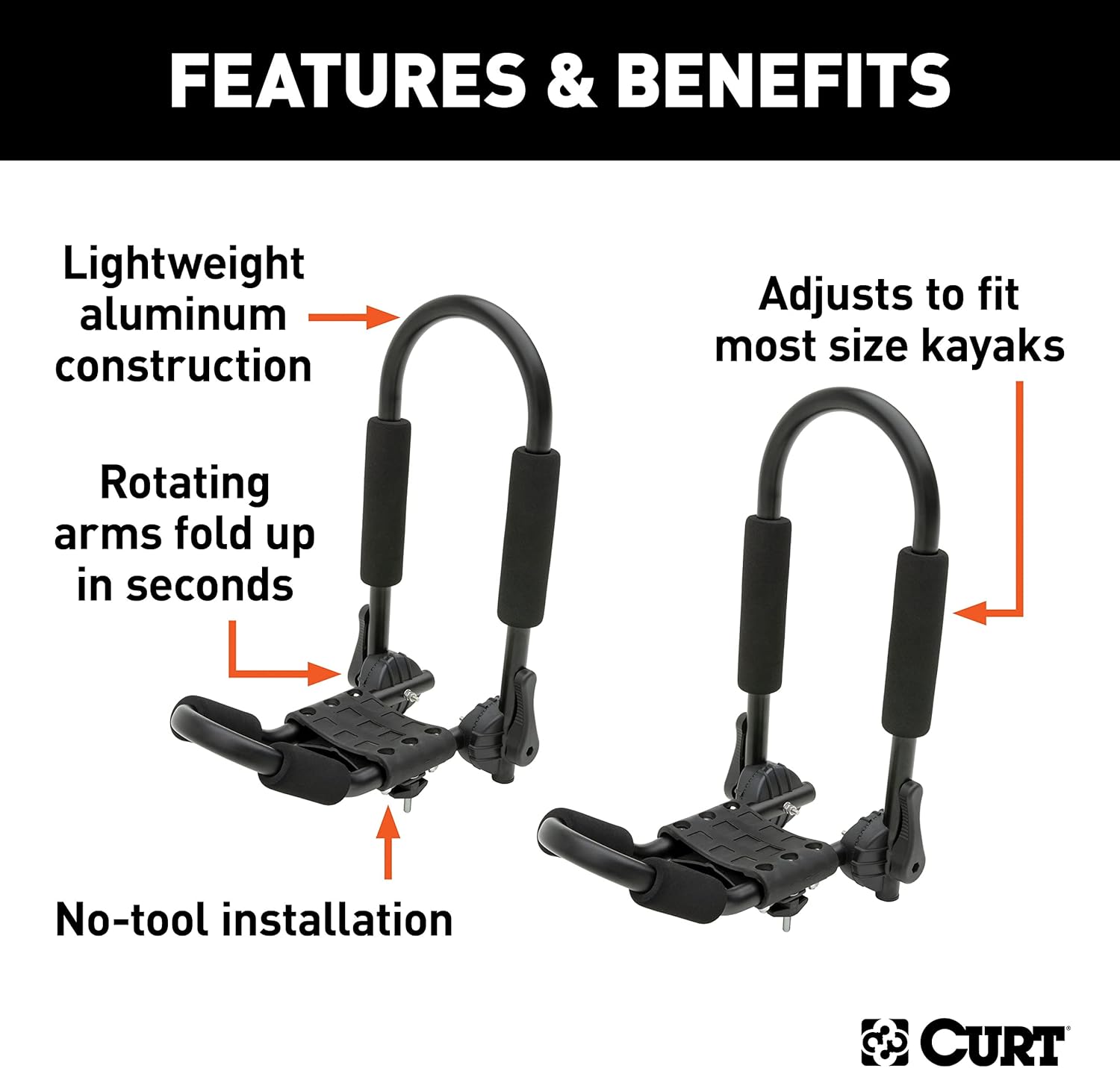 CURT 18320 Fully Adjustable Aluminum Universal Kayak Roof Rack Carrier, 2-Pack