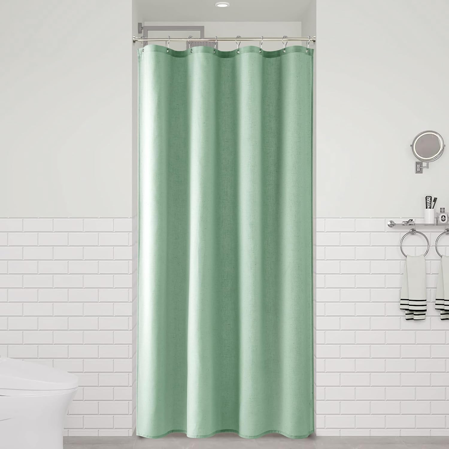 Naturoom Aqua Green 48 Inch Shower Curtain - Stall Narrow Half Linen Ultra Thick Fabric Shower Curtain Set with Hooks, Boho Farmhouse Rustic RV Camper Bath Curtains for Bathroom, 48x72