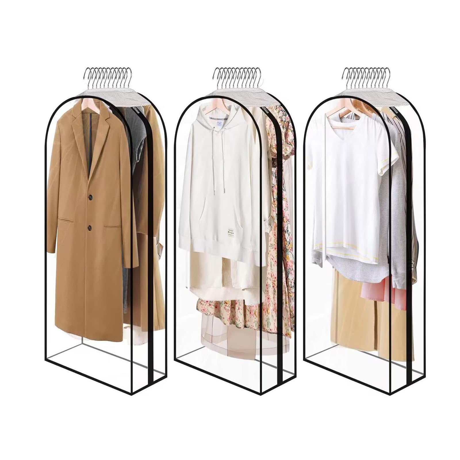HEGGMKK Hanging Garment Bags Transparent (3pcs), Size:60×153×25.5cm, Side Zipper Opening, Waterproof Fabric/Easy to Clean, for Multi-season Clothing,Transparent