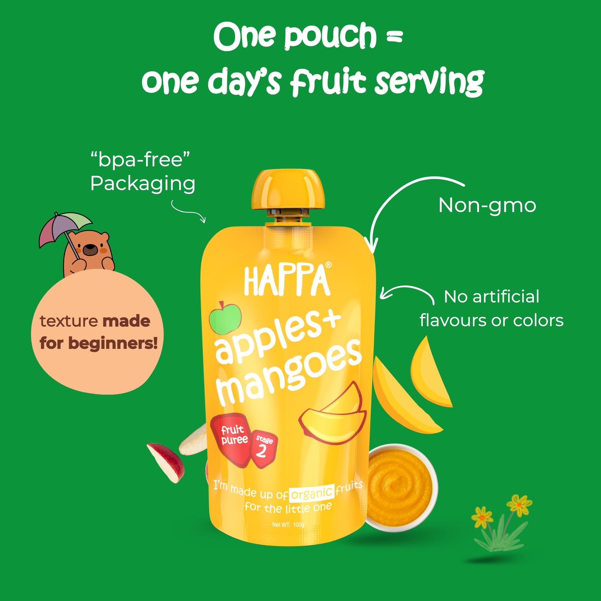 Happa Organic Baby Food Apple and Mango Puree | 100% Fruits | No Added Sugar, No Milk Powder, No Preservatives | Stage 2 (6 Months+) | Ready to Eat | Free from Common Allergens | Pack of 1 (100g Pack) 2