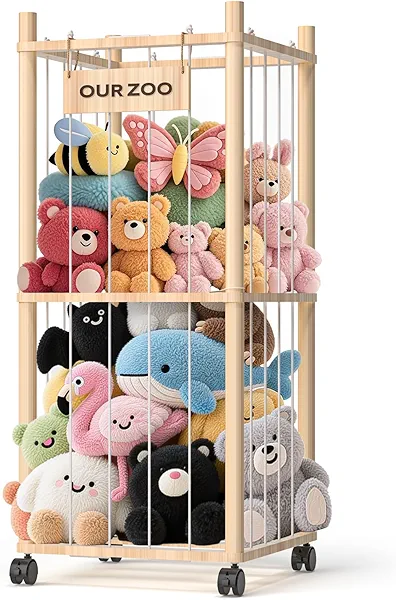 Stuffed Animal Storage: Wood Plush Toy Organizer, Stuffed Animal Zoo with Mesh Net, Stuffed Animal Holder with Brake Wheels, Space Save Stuffed Animal Cage for Kids Room Playroom Nursery Bedroom