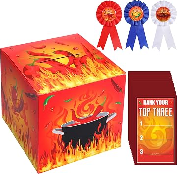 Tenceur Chili Cook off Contest Ballot Box with 50 Pcs Voting Cards and 3 Pcs Trophy Award Ribbons for Chili Cook off Game Award Prizes Party Supplies Decorations Cook Chef, Assembly Needed