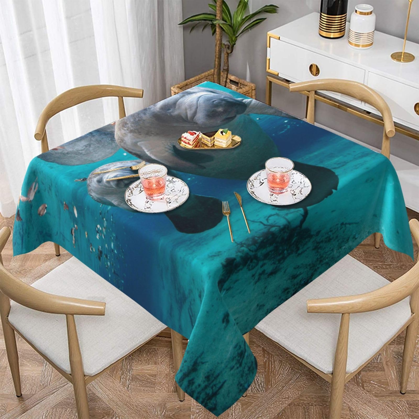 DCEHGEW West Indian Manatees Prints Square Tablecloth 137x137 CM, Waterproof Fabric Table Cloth for Dining Table, Farmhouse Table Cover for Kitchen Dining Tabletop Decoration
