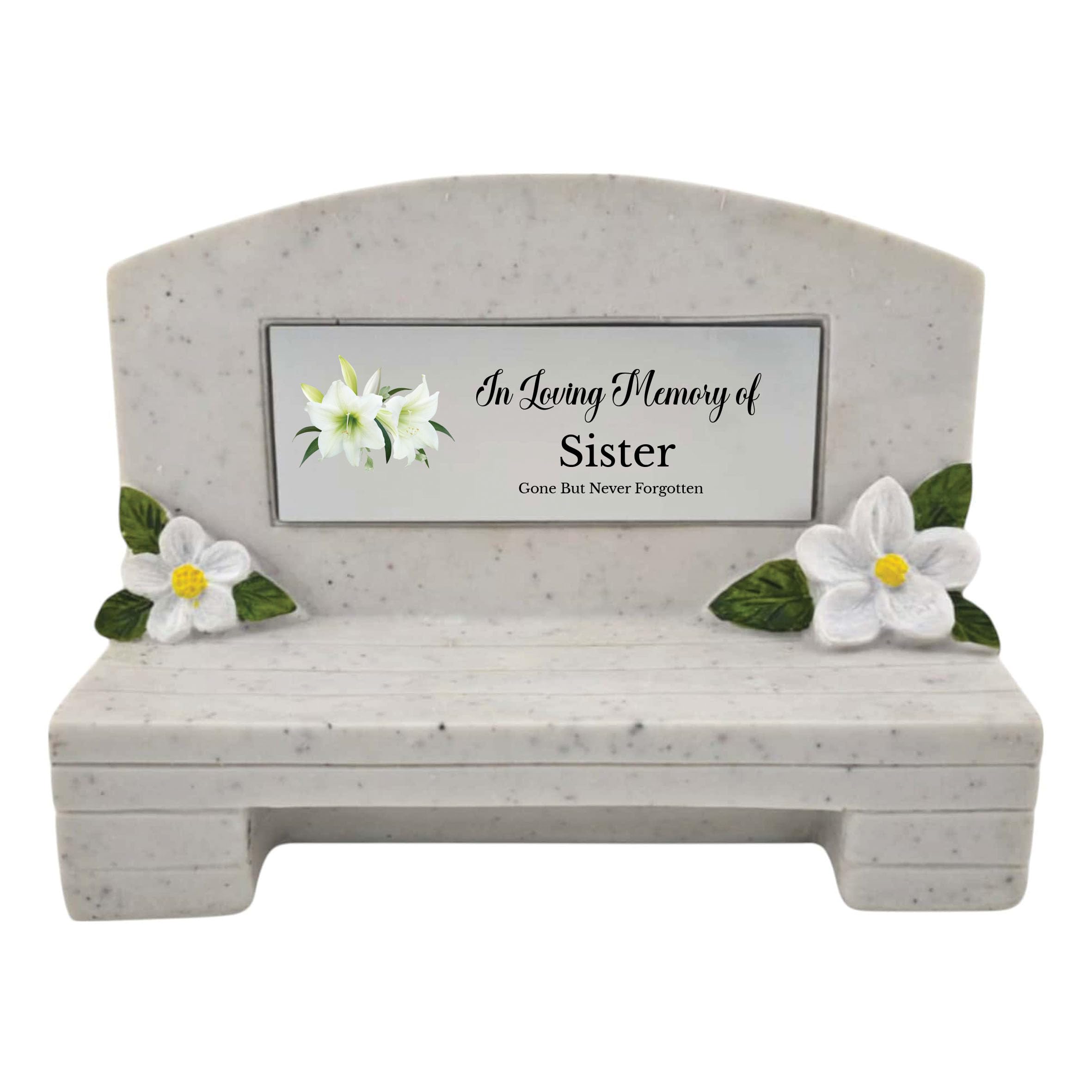 1Stclassgifts White In Loving Memory Of Memorial Bench With Plaque Grave Marker With Lily Flower Design Mum Dad & Lots More /Silver (Uv Printed) (Sister)