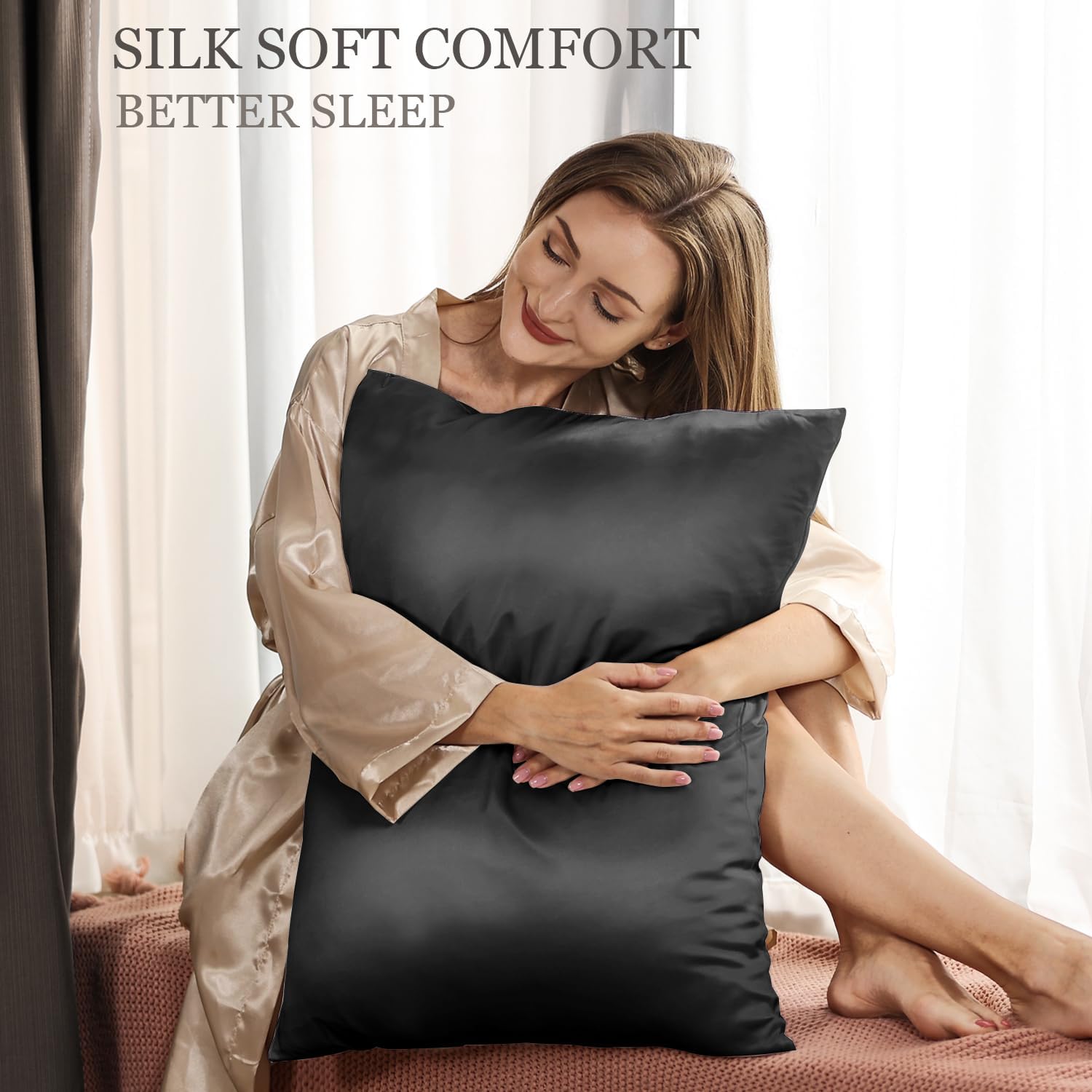 Adubor Silk Pillowcase 2 Pack for Hair and Skin with Hidden Zipper, Both Sides 23 Momme Silk Pillow Case (Black, Queen: 20''X30'')