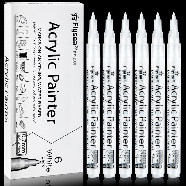 White Paint Pens, 6 Pack 0.7mm Fine Point Acrylic Permanent Marker Pen Set for Art,Wood, Rock Painting, Plastic, Ceramic, Glass and Fabric DIY Drawing