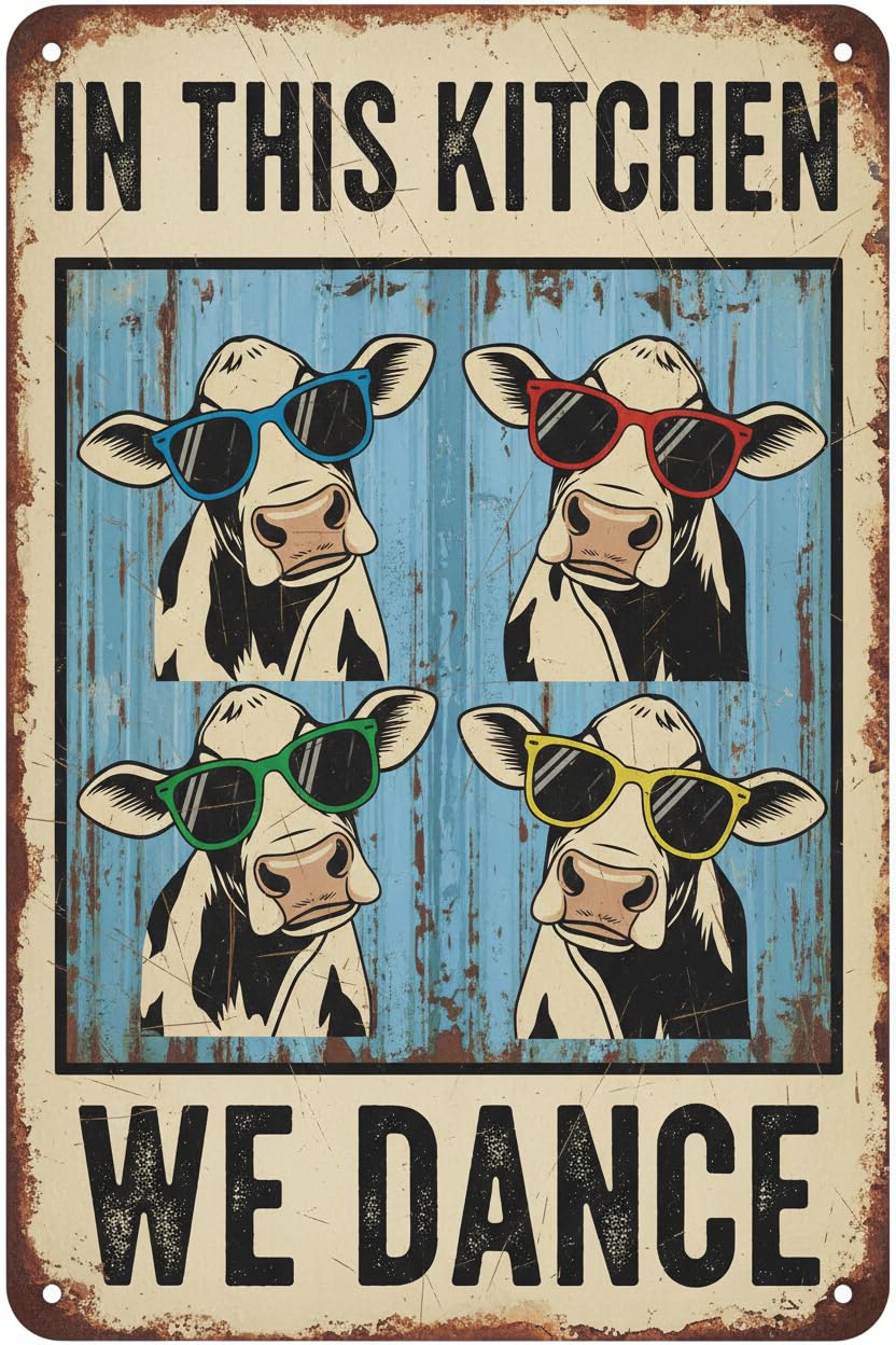 Metal Tin Sign Cow in This Kitchen We Dance Signs Tin Signs for Bathroom Tin Sign Vintage Art Wall Decor Sign for Home Bar Pub Cafe Farm Room 8"x12"