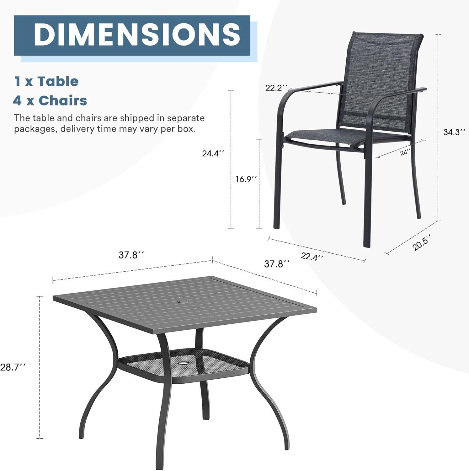 DIFY 5 Pieces Outdoor Dining Table Chair Set, Patio Dining Set with 1 Grey Square Curved Legs Table with and Umbrella Hole & 4 Grey Stackable with Armrests Chairs for Lawn, Garden, Porch