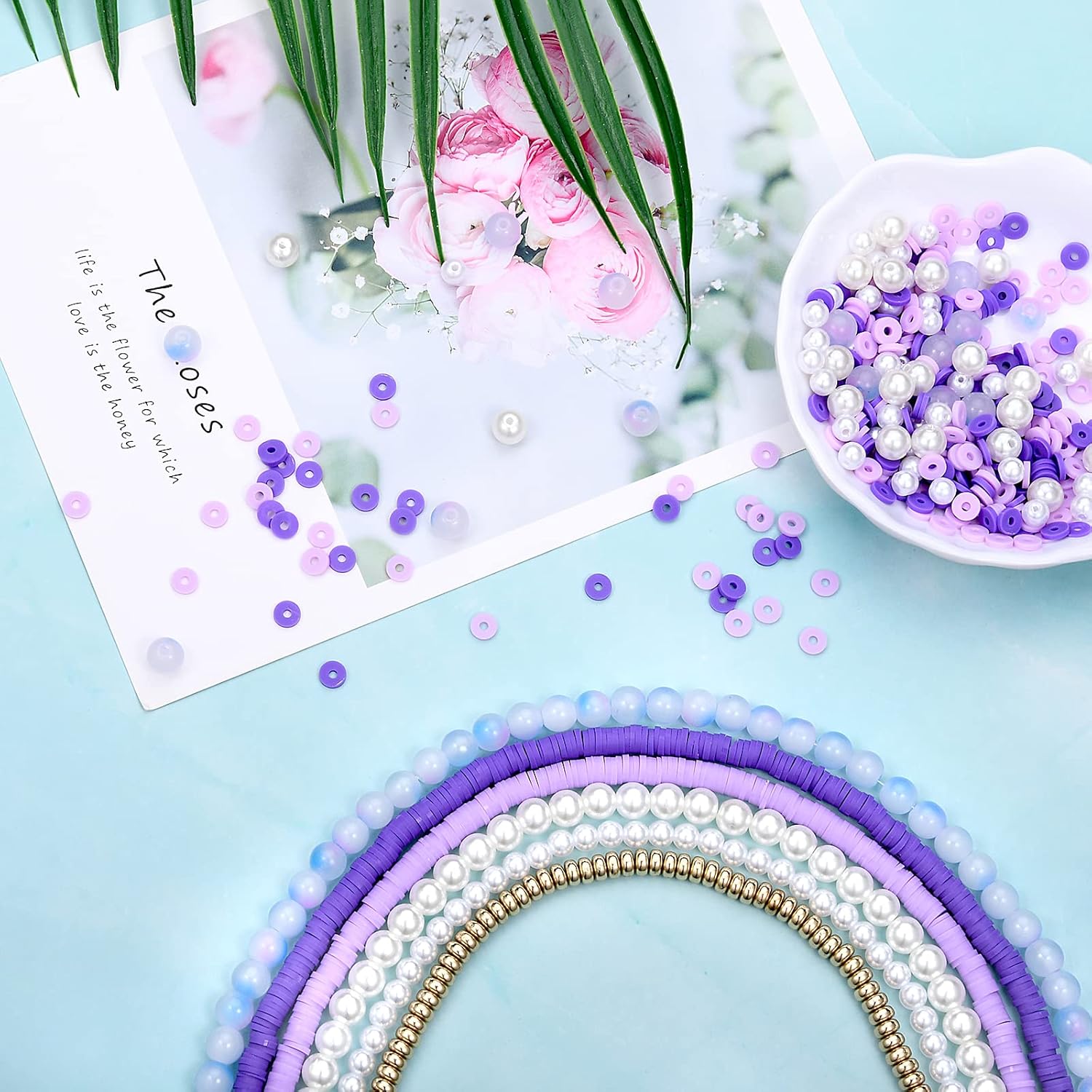NIUSIMAN Bracelets Making Kit with Purple Glass Beads, Flat Round Polymer Clay Beads Strands,Pearl Bead, Gold Spacer Beads for Necklace Earring Jewelry Making for Women