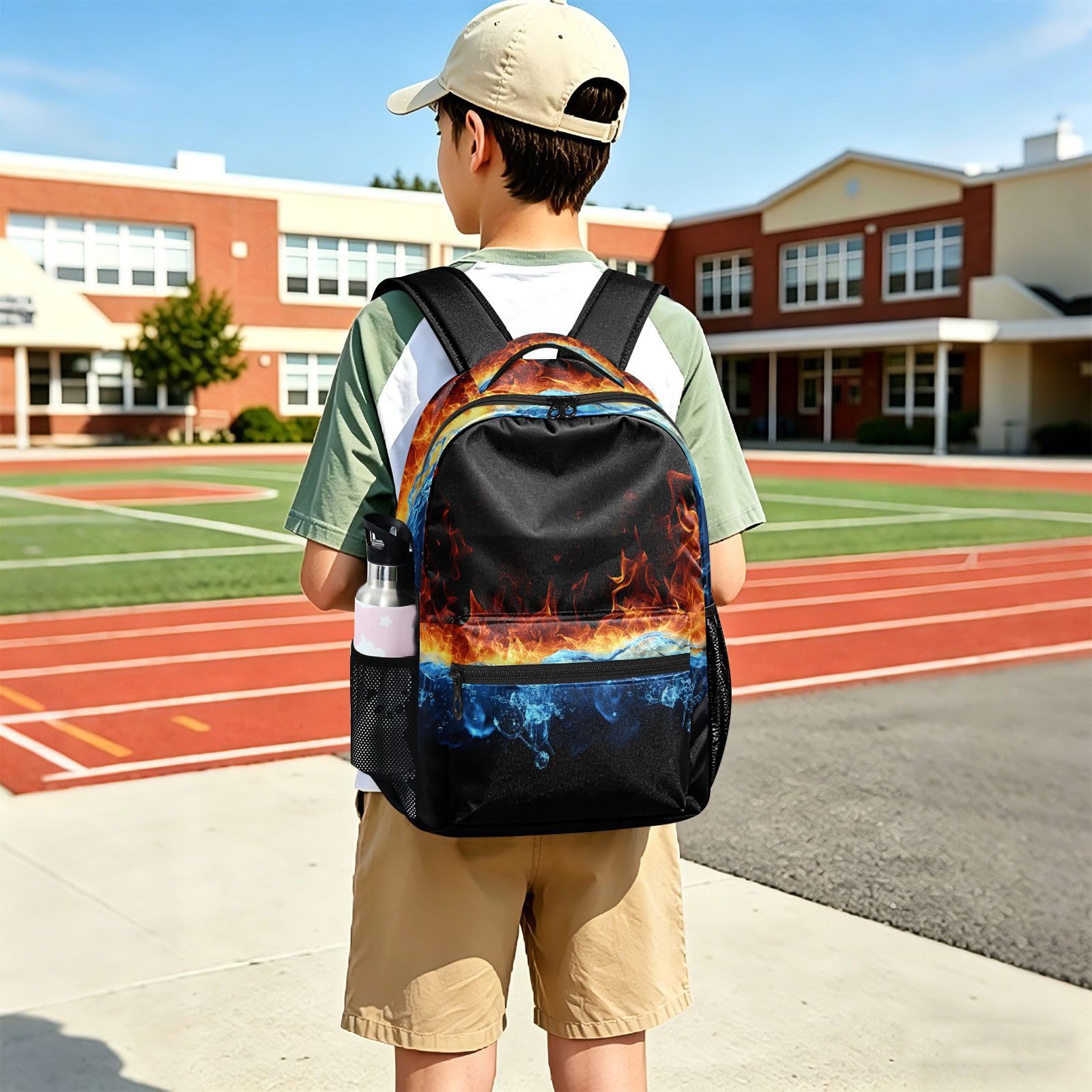 Mnsruu Zaino da viaggio per computer portatile, zaino impermeabile e leggero, per la scuola, per ragazzi, ragazze e adulti, Acqua Fuoco, M, Casual