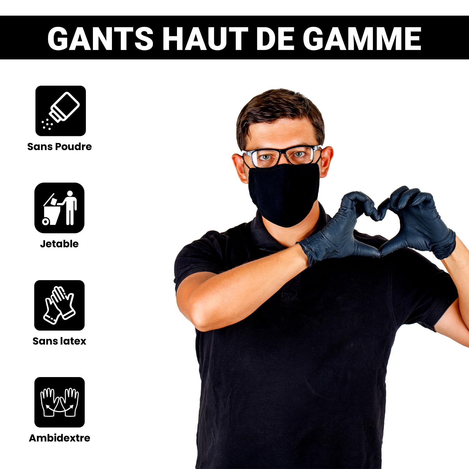 Gants en nitrile Just Health | Sans poudre, sans latex, ambidextres, jetables, souples et durables | Usage polyvalent | Gants en nitrile noirs | 1000 unités - XL
