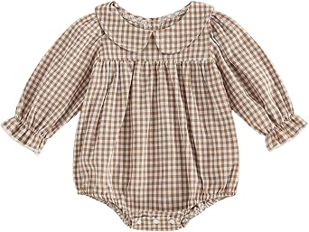 Karuedoo Newborn Baby Boy Girl Clothes Gingham Long Sleeve Doll Collar Bubble Romper Plaid Bodysuit One Piece Fall Outfit