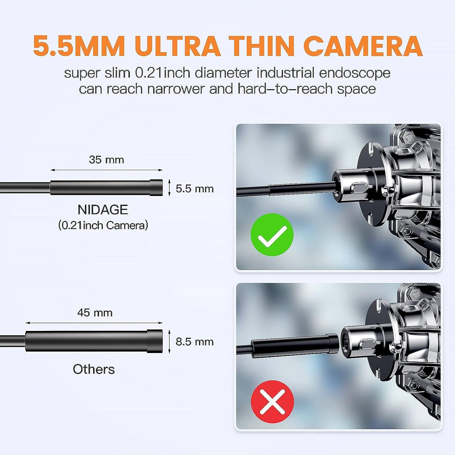 Inspection Camera Borescope with 5" IPS Screen NIDAGE 5.5mm Automotive Industrial Endoscope 1080P HD Snake Camera with Light, 16.5FT Semi-Rigid Cable, 32GB Card, Case, Waterproof Drain Camera