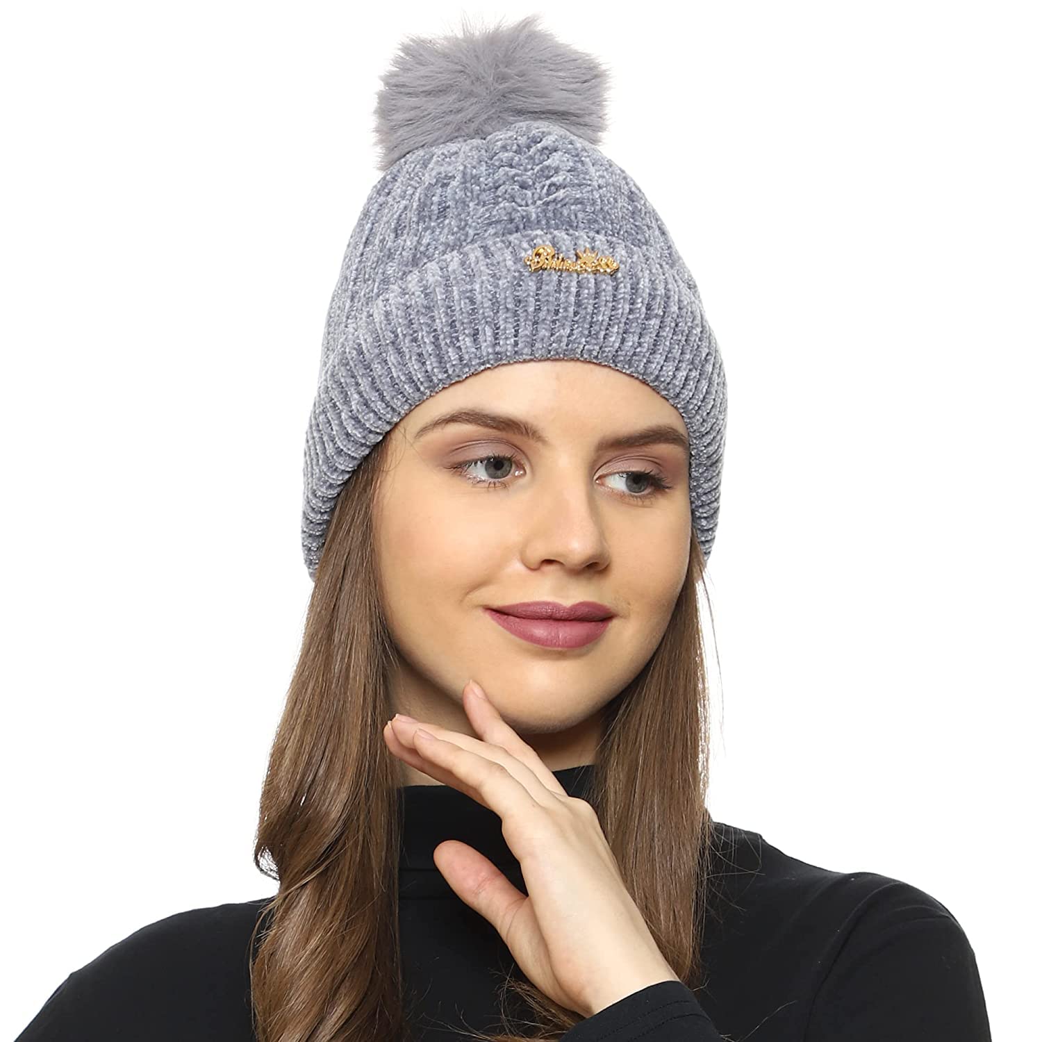 RR DESIGN Fashion Women Winter Soft Warm Snow Proof Pom Cap for Women Running Headwear (Grey)