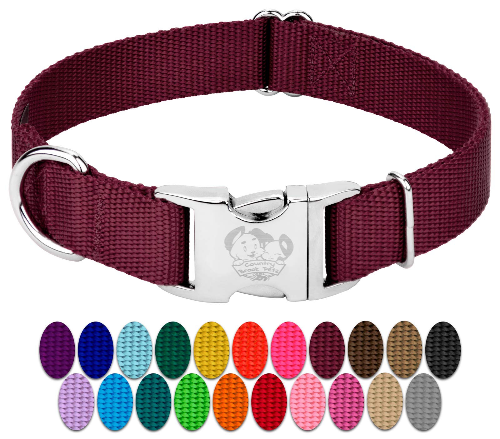 Country Brook Petz - Premium Nylon Dog Collar with Metal Buckle for Small Medium Large Breeds - 10+ Warm Colors (Small, 3/4 Inch, Burgundy)