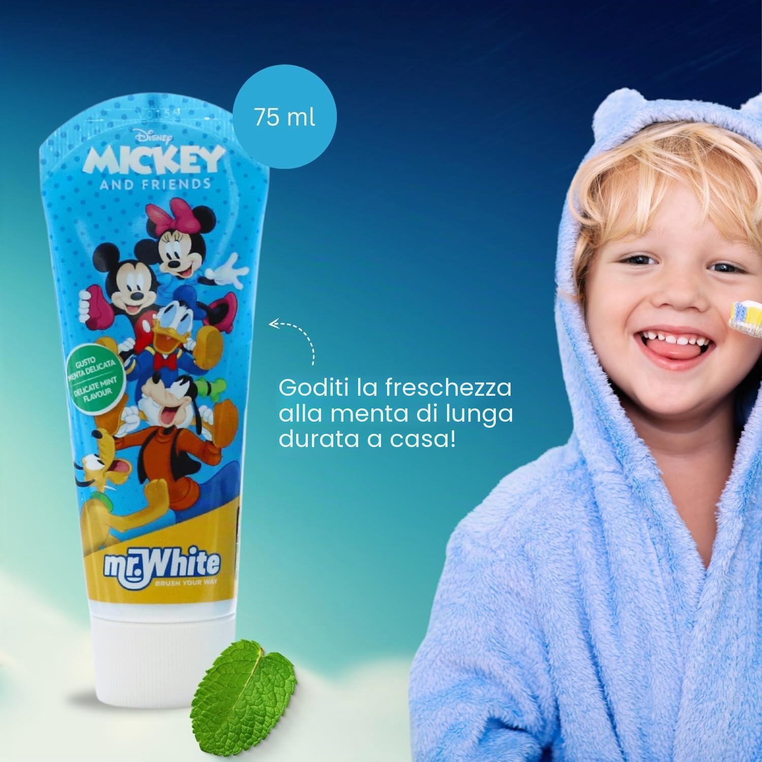 Mickey Mouse - Set di sacchetti per bambini, adatto ai viaggi, con spazzolino manuale con ventosa, tappo da viaggio, dentifricio al gusto di menta delicata per bambini da 75 ml e bicchiere Mr. White