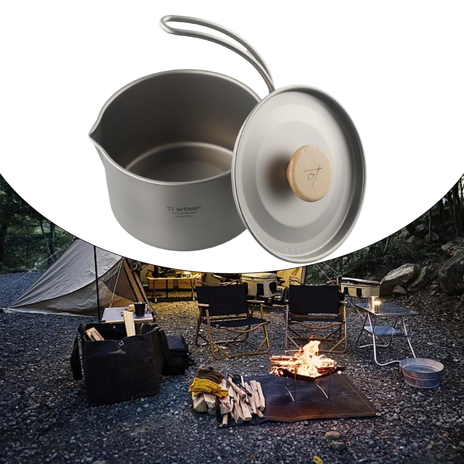 Olla de titanio para camping, olla colgante de 1,1 L con mango desmontable y bolsa de almacenamiento, para acampar al aire libre y senderismo