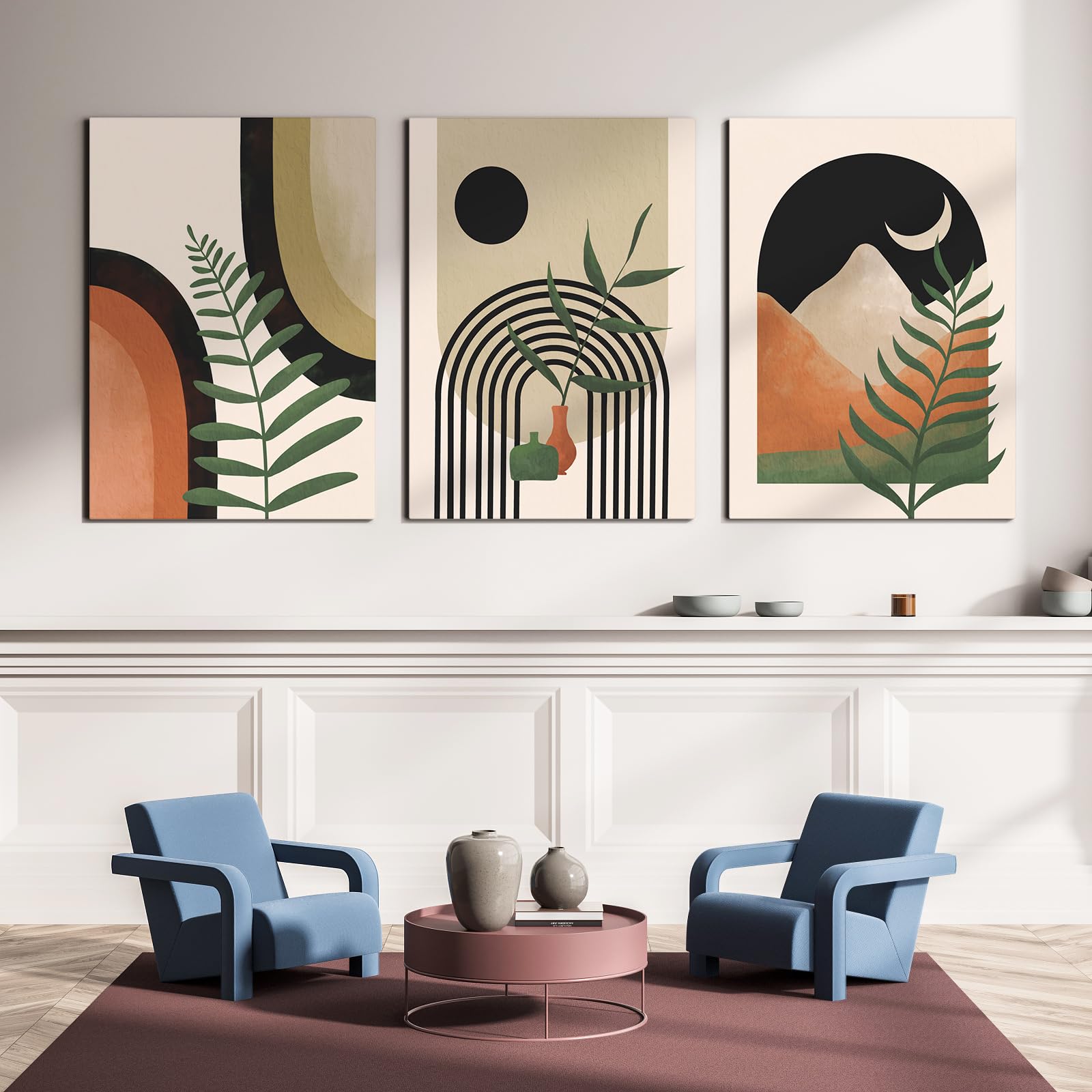 3-teilige Wandkunst, Abstrakt, 40,6x61 Cm, Gerahmt – Boho-Stil Für Wohnzimmer & Büro