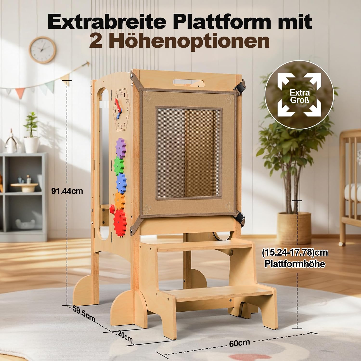 Lernturm ab 1 jahr, 5 in 1 Multifunktional Lernturm für Kinder, Montessori Learning Tower mit Tafel, 360° Sicherheitsnetz, Spielbrett für Kinder, Kippschutz, 100% Natürliche Birke, Vormontage