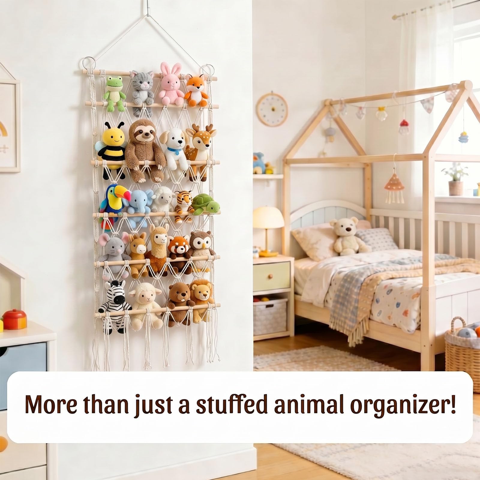 Rangement Peluche Chambre Enfant, 4 Couches Style Bohème Range Peluche Doudou, Filet Peluch à Suspendre avec 2 Crochets et 3 Clous Sans Trace pour Chambres d'Enfant, Salon, Chambre à Coucher
