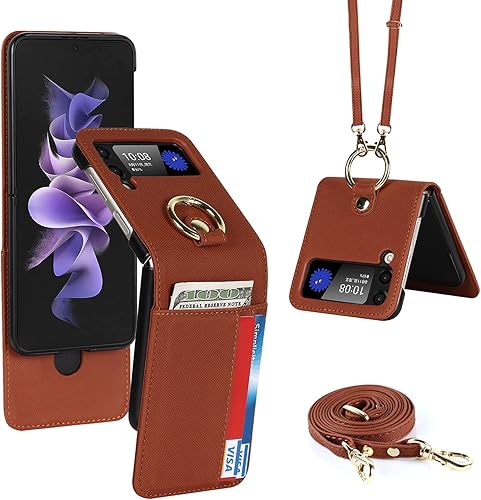 LBYZCASE Funda para Galaxy Z Flip 3 5G, Samsung Z Flip 3 (2021), funda de piel tipo cartera, cordón ajustable cruzado duradero, ranuras para