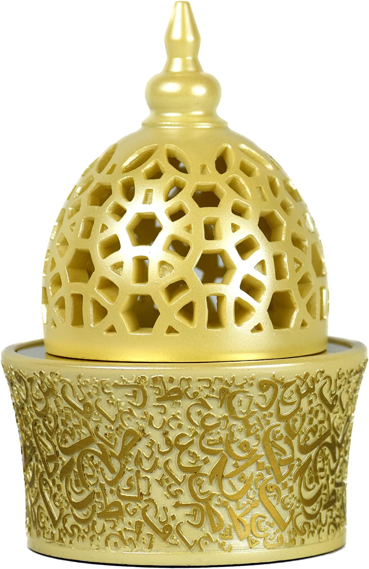 Intense Oud Calligraphy Style Closed Resin Incense Burner – 8 Inches, Beige Metal Tray, Arabian Bakhoor Burner for Yoga, Aromatherapy, Home, Office & Bedroom Decor