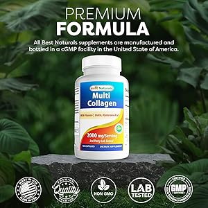 Best Naturals Multi Collagen Pills 2000mg for Women & Men - Hydrolyzed Collagen Peptides Capsules for Hair Skin and Nails with Types I II III V X, Biotin, Hyaluronic Acid & Vitamin C