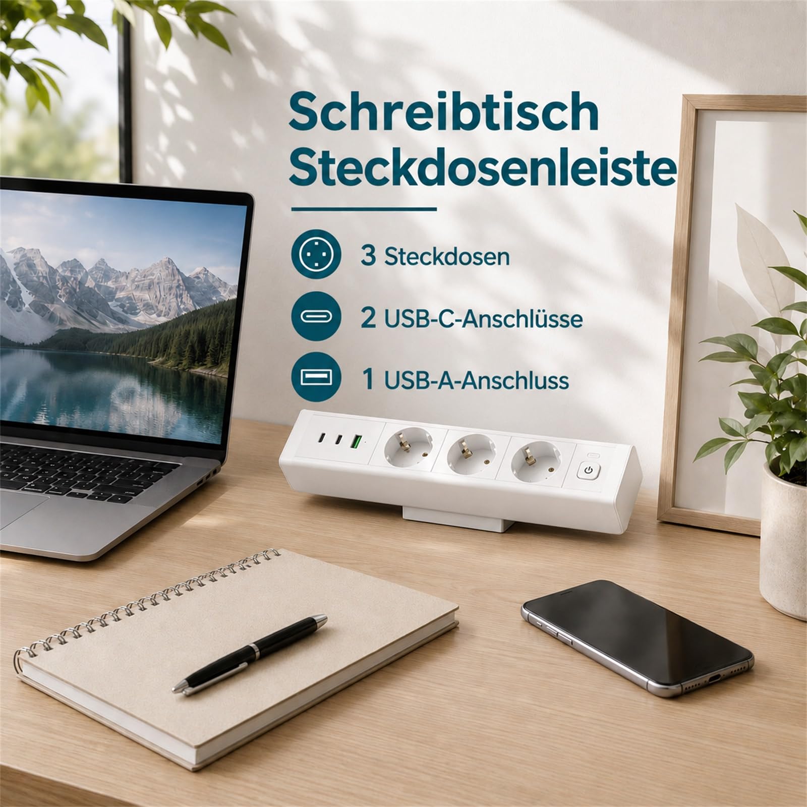 Tischsteckdose mit USB C 65W, Dinolink 3 Fach Steckdosenleiste mit 3 USB