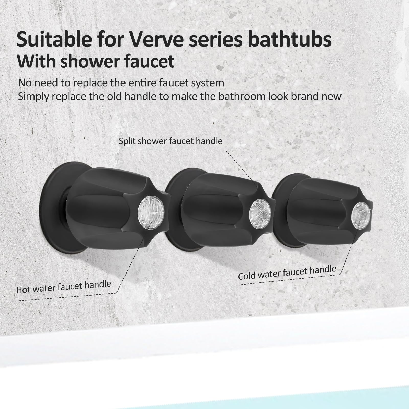 3PCS Bathtub Faucet Knob Matte Black Shower Knobs Bathtub Faucet Handle Include Hot Cold and Diverter for Bathroom (Black) — view 3