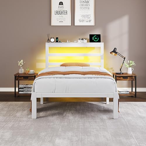 Miniatura 6 de Marco de cama tamaño Twin con cabecera de almacenamiento, cama plataforma industrial con estación de carga y luces LED, espacio de almacenamiento