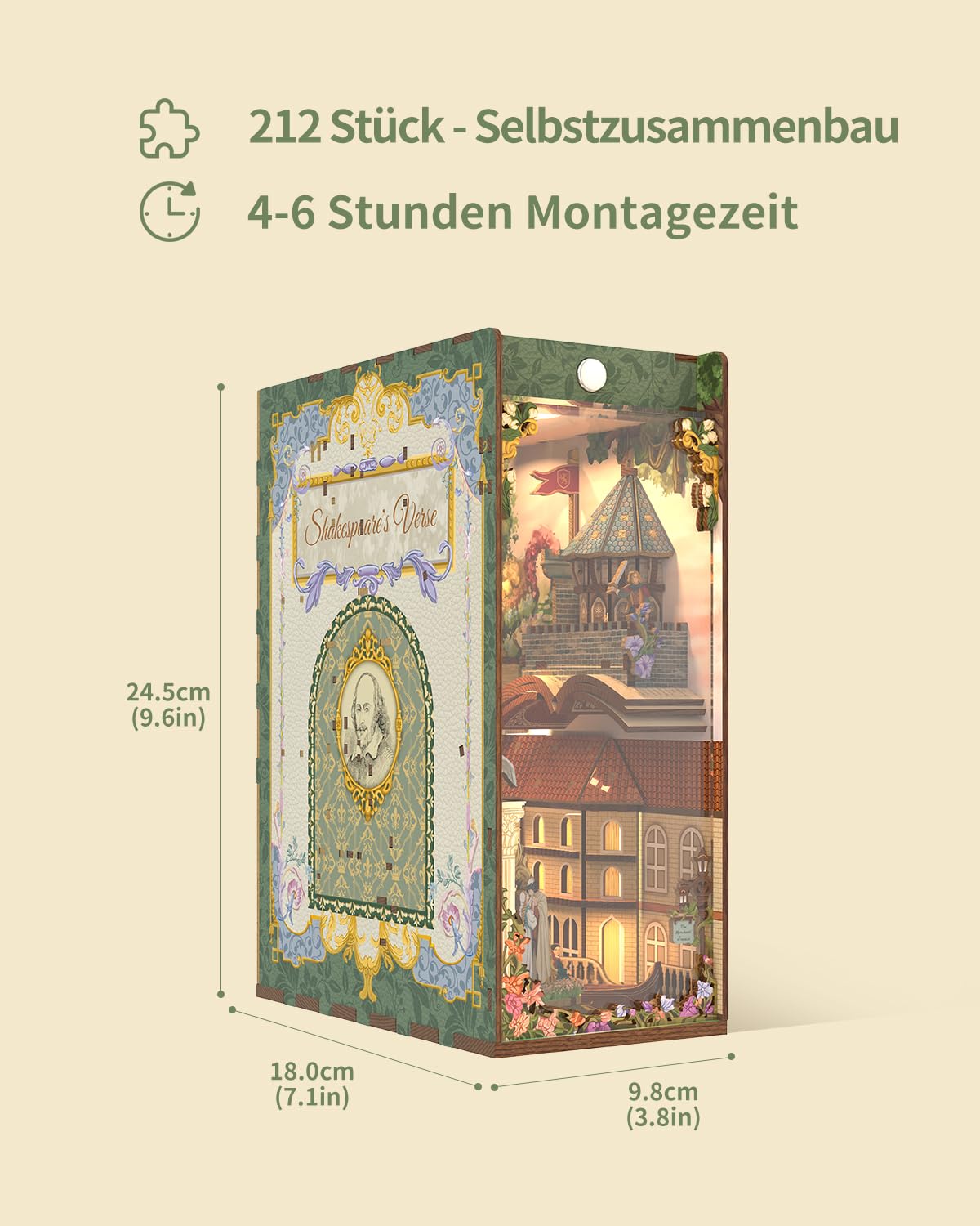 Tonecheer x British Library DIY Book Nook Kit, Shakespeare 3D-Holzpuzzle für Erwachsene, Miniatur-Haus-Kit Booknook-Bücherregal-Einsatz Dekor mit LED-Licht Handwerks Geschenk（Shakespeare-Verse）