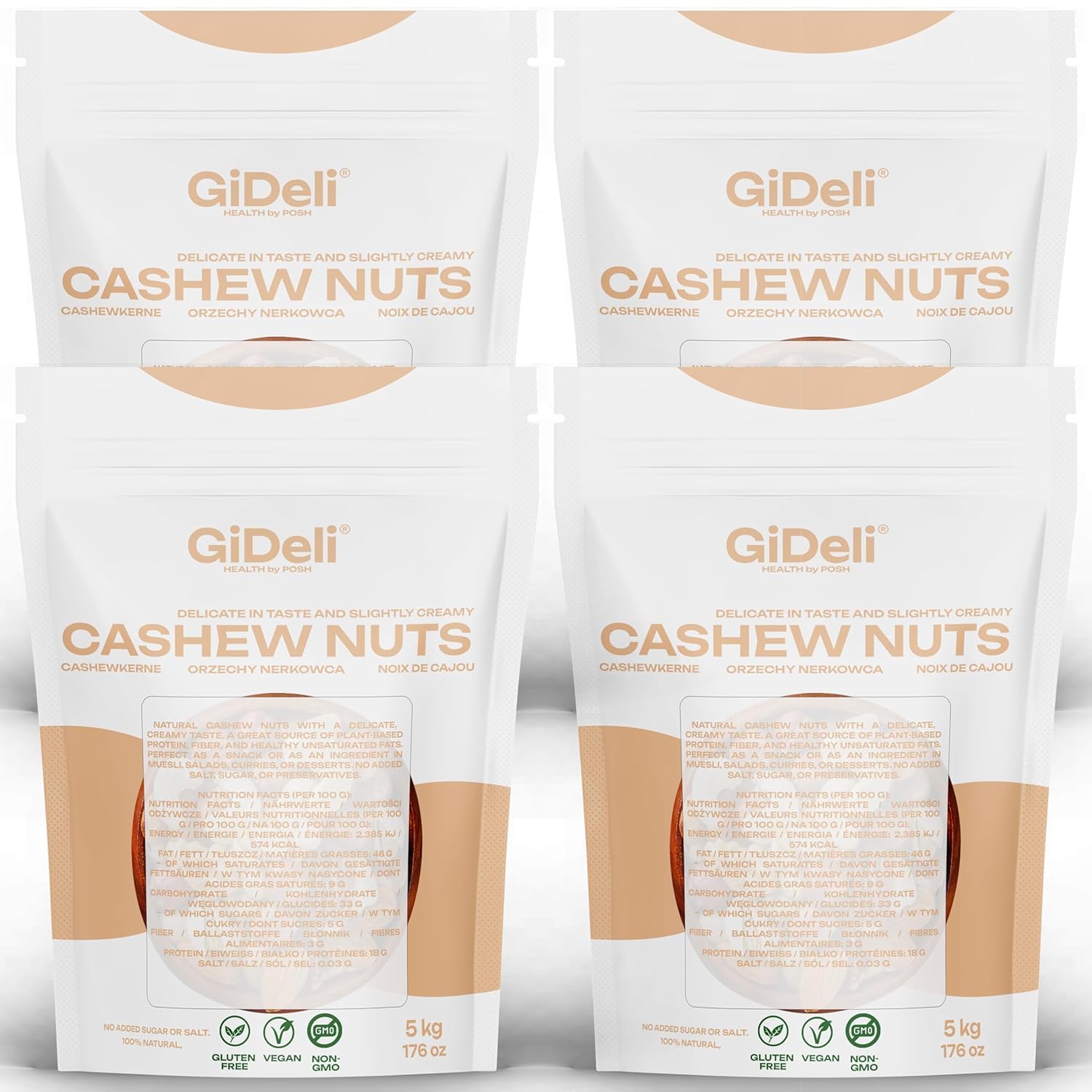 GiDeli Cashewkerne Ganze 4 x 5kg ungesalzen reich an proteinen, vitaminen & mineralstoffen naturbelassen ohne zusatzstoffe, vegan doypack