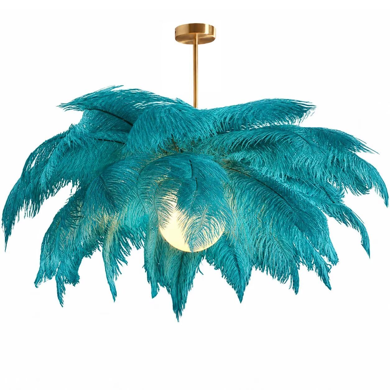 GUANSHAN Creative Peacock Blue Ostrich Feather Ceiling Lamp, Romantic and Aesthetic Feather Chandelier Pendant Lamp with Golden Base for Bedroom, Living Room, Corridor — image 1