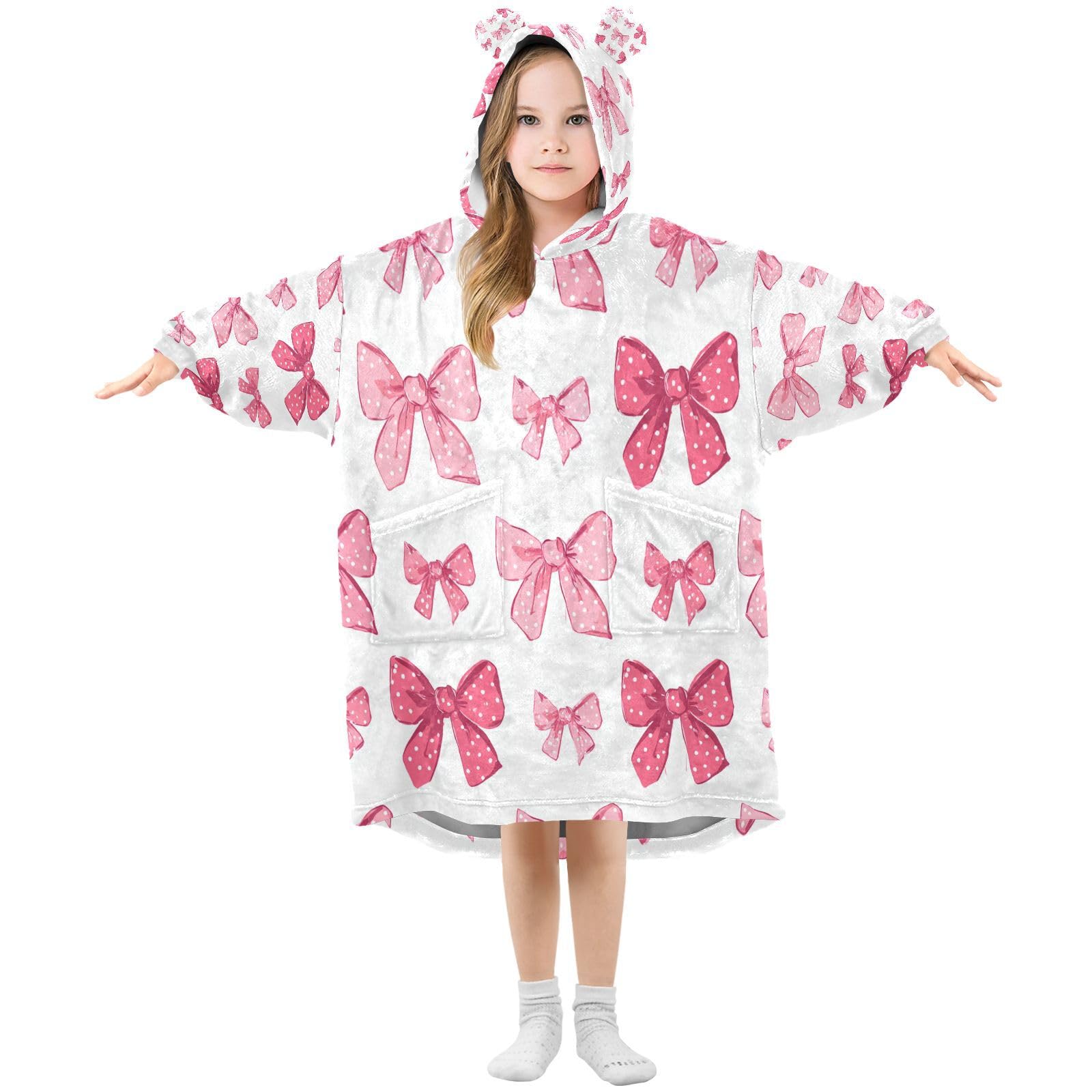 Ewusp Bows Wearable Blanket Hoodie for Kids Oversized Hooded Sweatshirt Flannel Blanket with Pocket