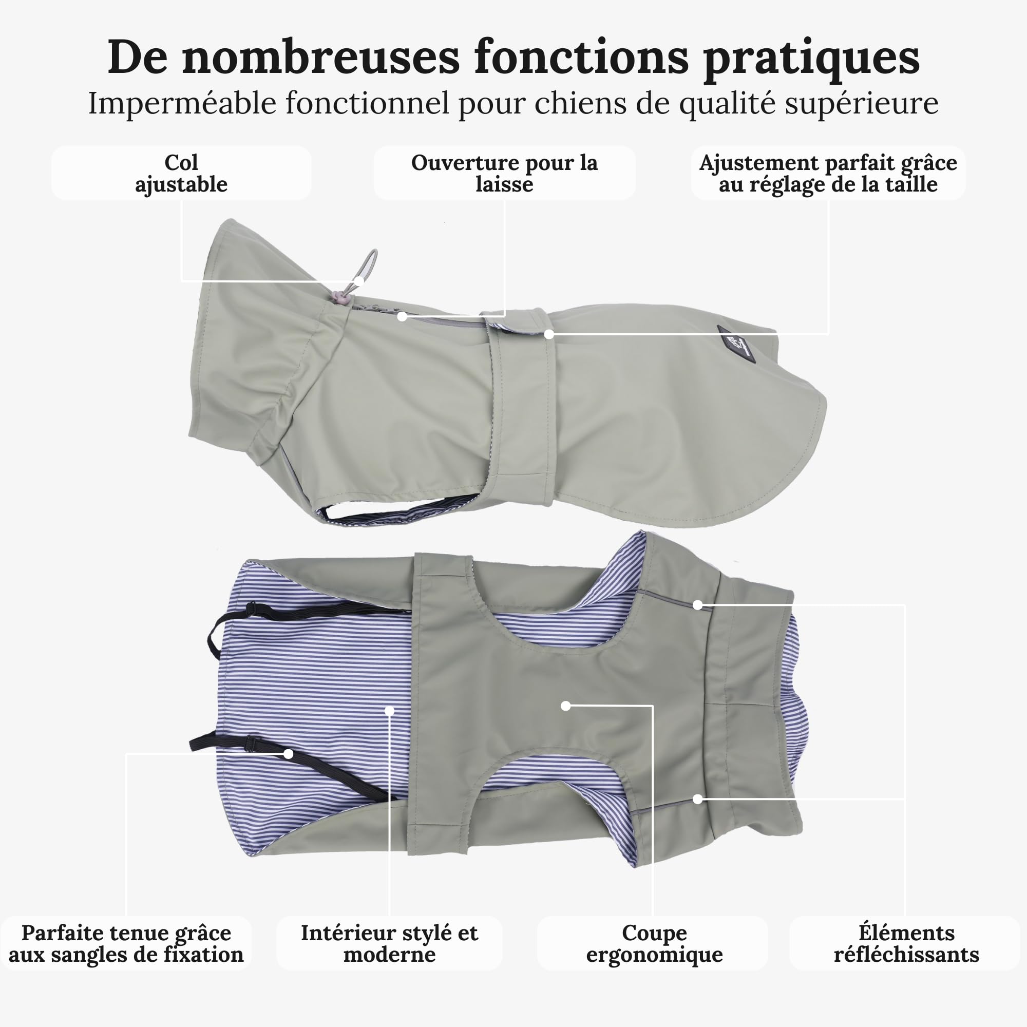 Manteau de pluie pour chien gris - Taille XL - Manteau pour chien élégant et élégant - Veste imperméable pour chien - Idéal pour les chiens de petite et moyenne taille - Veste de pluie