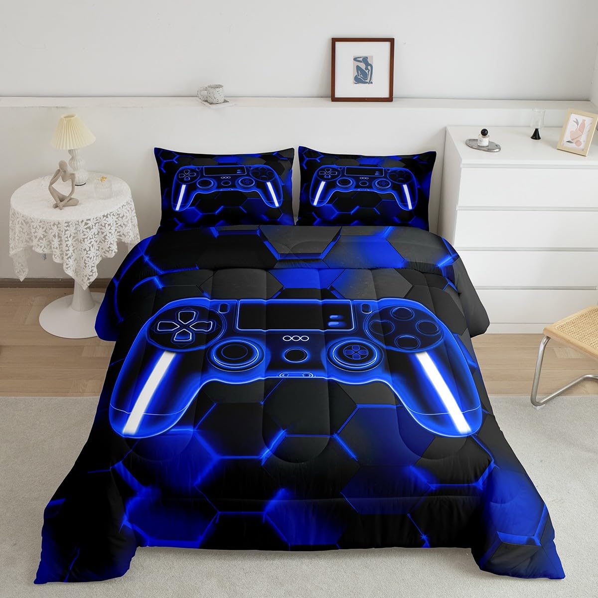 Gamer Duvet Quilt Gaming Bedding Set for Kids Boys Girls Teens Room Decor Blue and Black Game Console Comforter Set Twin Size Gamepad Honeycomb 2Pcs Breathable Soft Lightweight Microfiber