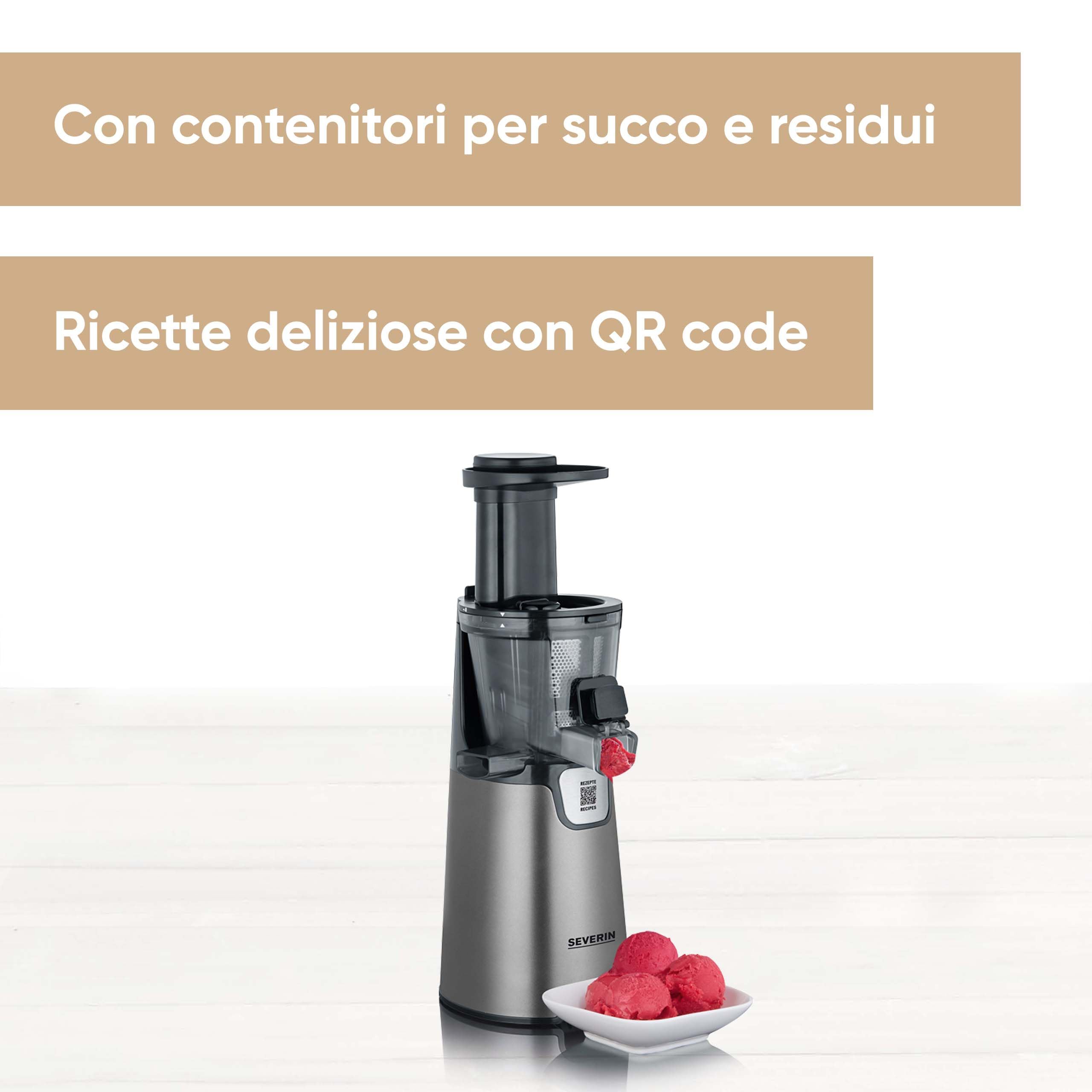 SEVERIN ES 3571 Slow juicer 1 L da 150 W, Estrattore frutta e verdura senza lame a bassa velocità, Estrattore di succo con micro-setaccio e accessori facile da pulire, Acciaio