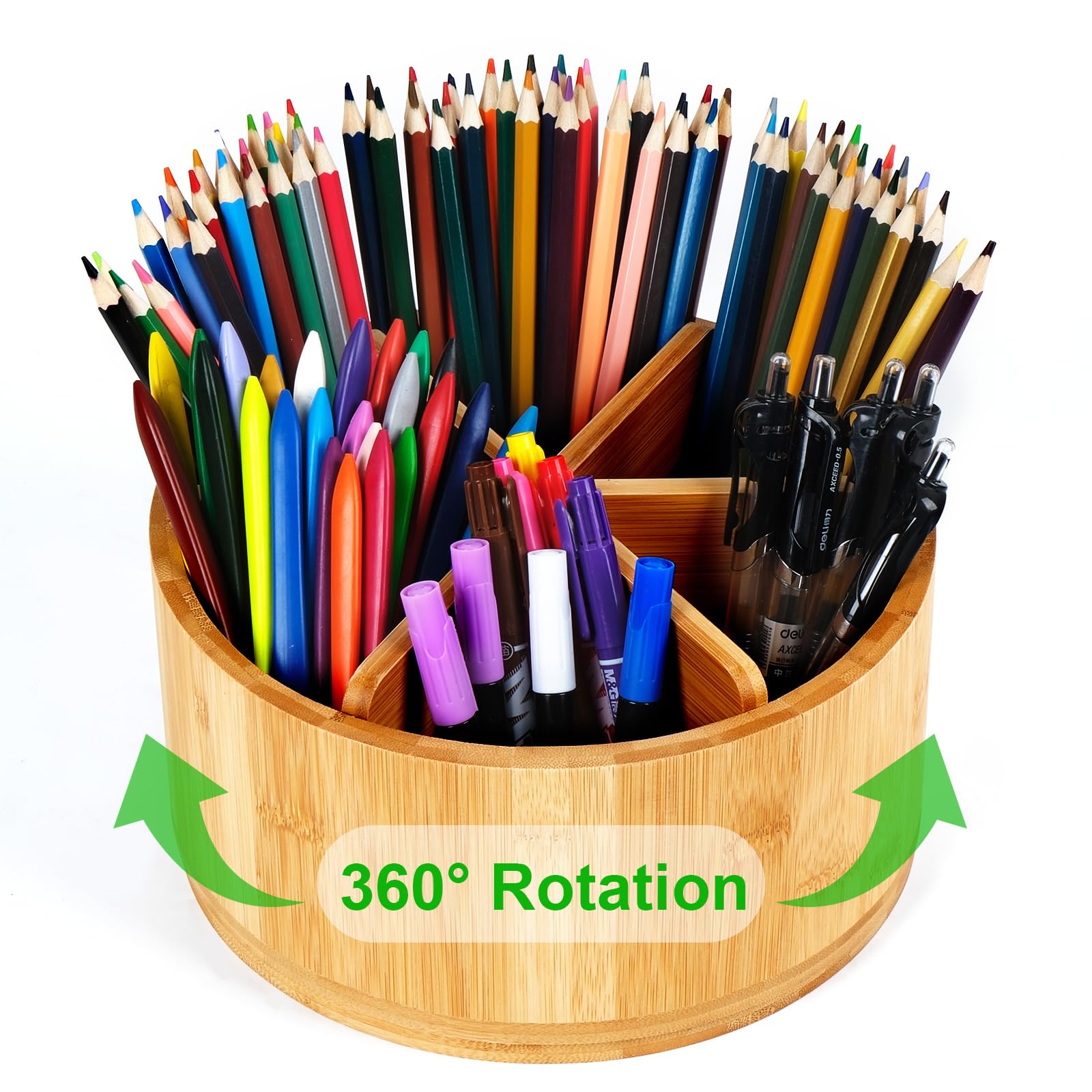 MUUKAIII Organizador de escritorio giratorio 360° de bambú, soporte para bolígrafos de madera con asa, organizador de mesa, 6 compartimentos de gran tamaño como organizador de oficina, organizador de