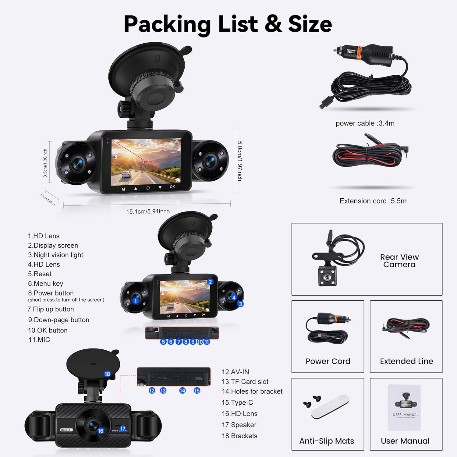 Diagram illustrating the installation steps for the SIXTOP 4 Channel Dash Cam, showing cable routing and camera placement.