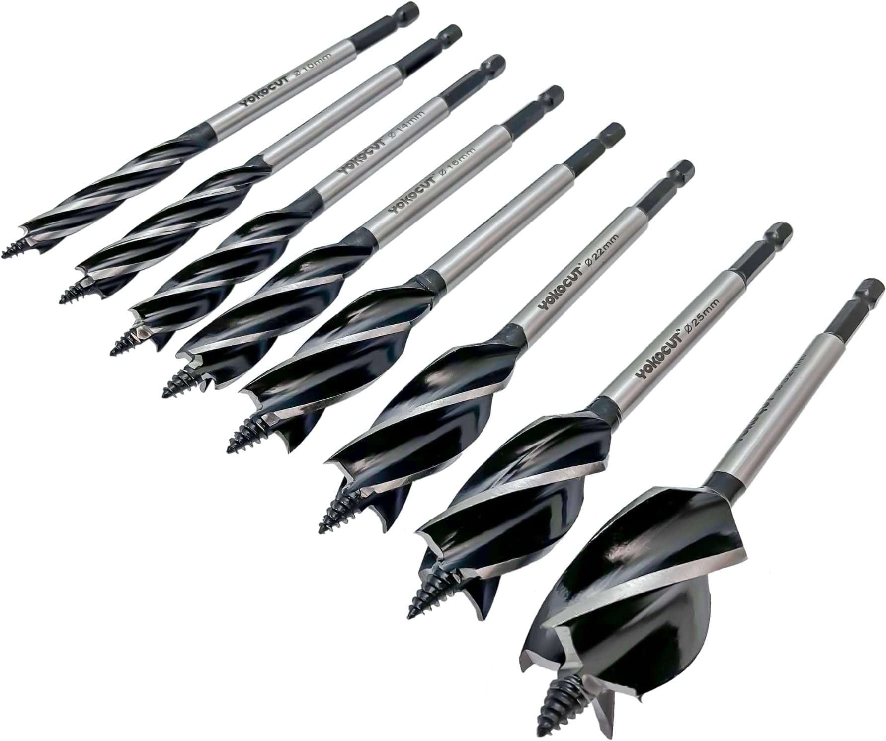 8-Piece Auger Drill Bit For Wood, Quick Change Shank 4-Flute Auger Drill Bit For Soft & Hard Wood, Plastic, Drywall (10mm,12mm,14mm,16mm,20mm,22mm,25mm,32mm)