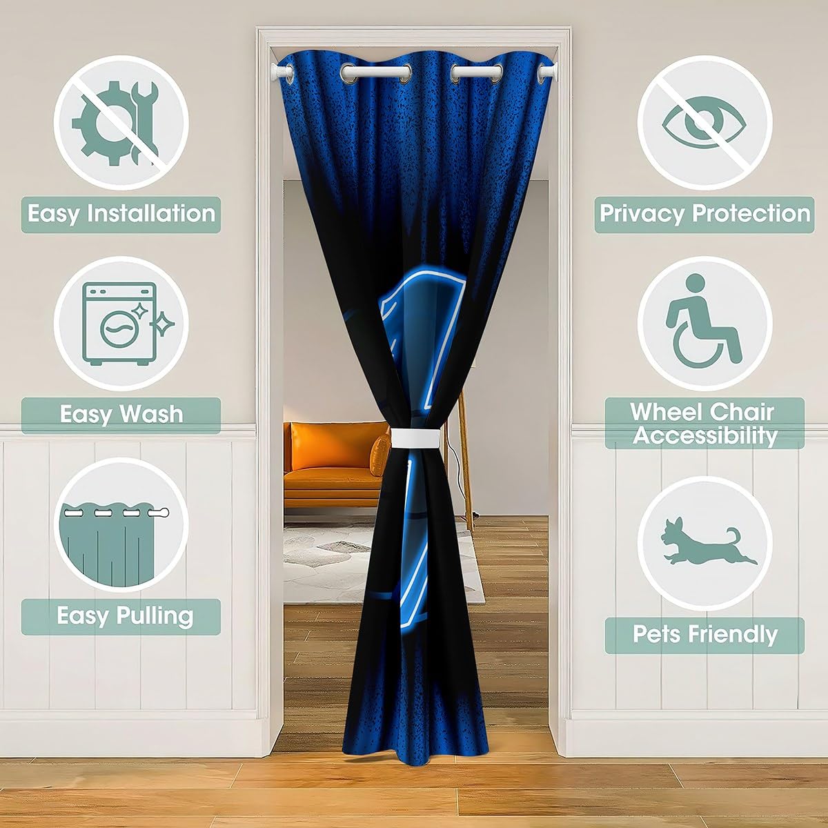 Homemissing Game Flash 30%-50% Room Darkening Blackout Curtain 86x203cm Boys Girls Ombre Door Curtain for Doorway Privacy For Kids Honeycomb Room Divider Curtain Cover Blue Black Window Treatments - Image 3