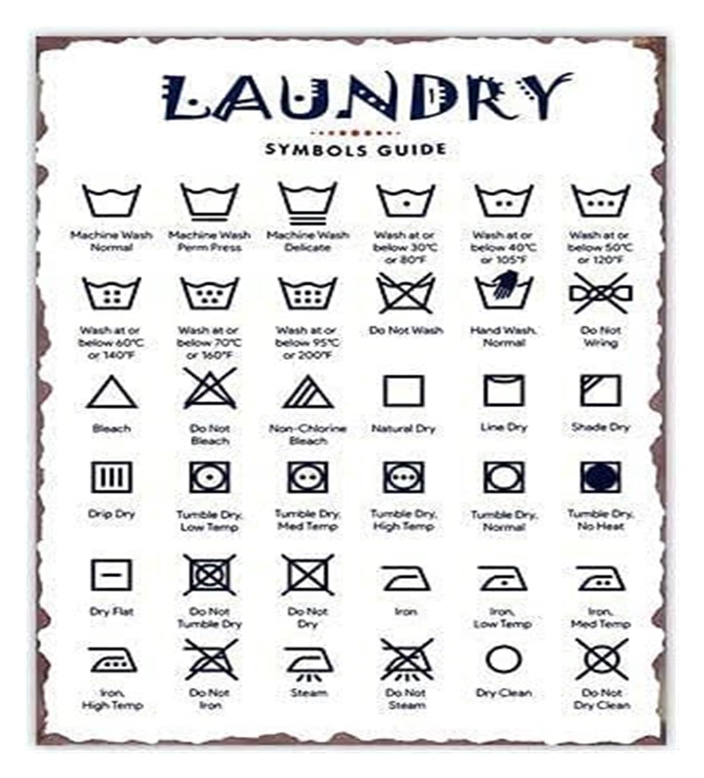 PKNVKZIDK Laundry Symbols Guide Vintage Metal Tin Sign Wash Care Instructions Chart Wall-Art for Laundry Room 8 X 12 inch