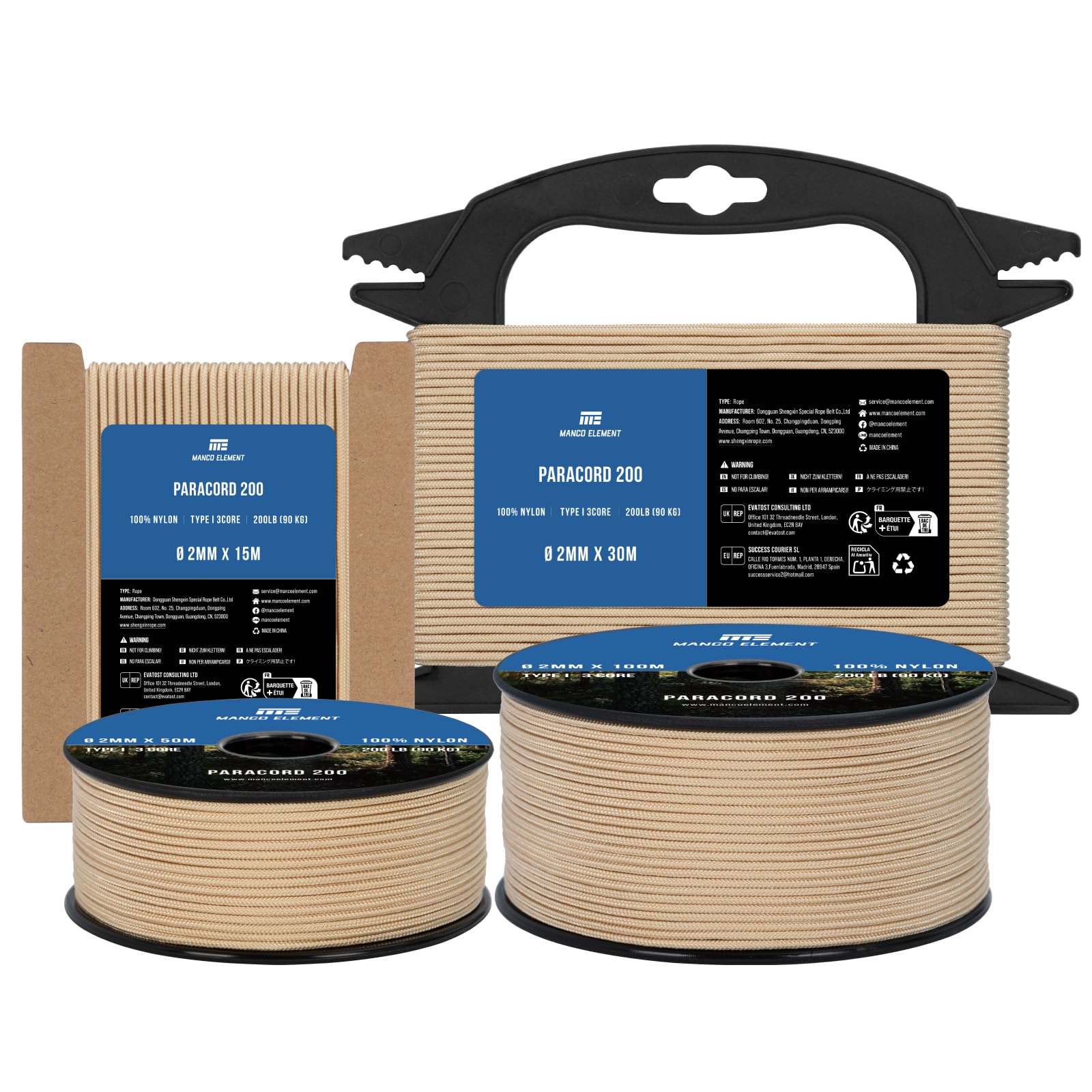 Manco Element Khaki Paracord 2Mm 30M 3 Strands Type I | 100% Nylon Parachute Cord Rope | 90Kg Load Capacity - Ideal For Diy, Crafting, Outdoor, Camping