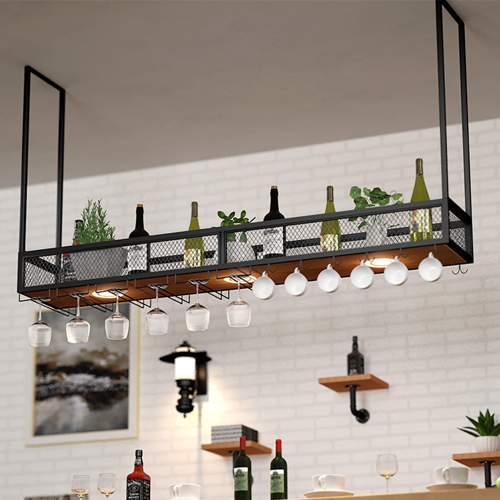 Casier à vin suspendu pour bar et cuisine moderne, étagères flottantes de plafond chic