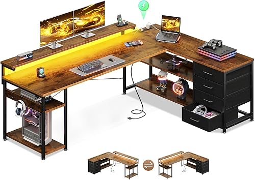 Miniatura 19 de AODK Escritorio en forma de L de 53 pulgadas con cajón, escritorio para computadora con tomas de corriente y luces LED, escritorio de esquina Negro