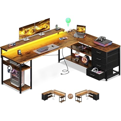 AODK 69" L Shaped Desk with Drawer, Computer Desk with Power Outlets & LED Lights, Reversible Corner Gaming Desks for Home Office Workstation, Office Table with Monitor Shelf, Vintage