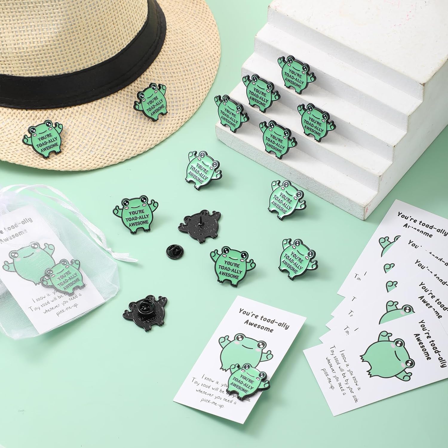 Lyrow 50 Sets Cartoon Frog Pins Welcome Back to School Supplies Emotional Support Brooch with Inspirational Cards Bags Thank You Gift for Students Employee Coworker Staff Team