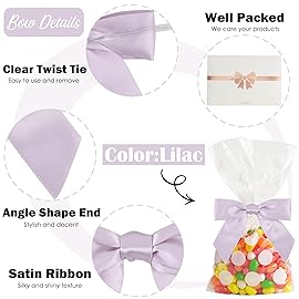 AIMUDI Purple Twist Tie Bows for Treat Bags 3.5 Lilac Satin Ribbon Bows for Crafts Premade Bows with Twist Ties for Crafts Cake Pop Candy Apple Small Bows for Gift Wrapping Wedding Decor, 50 PCs