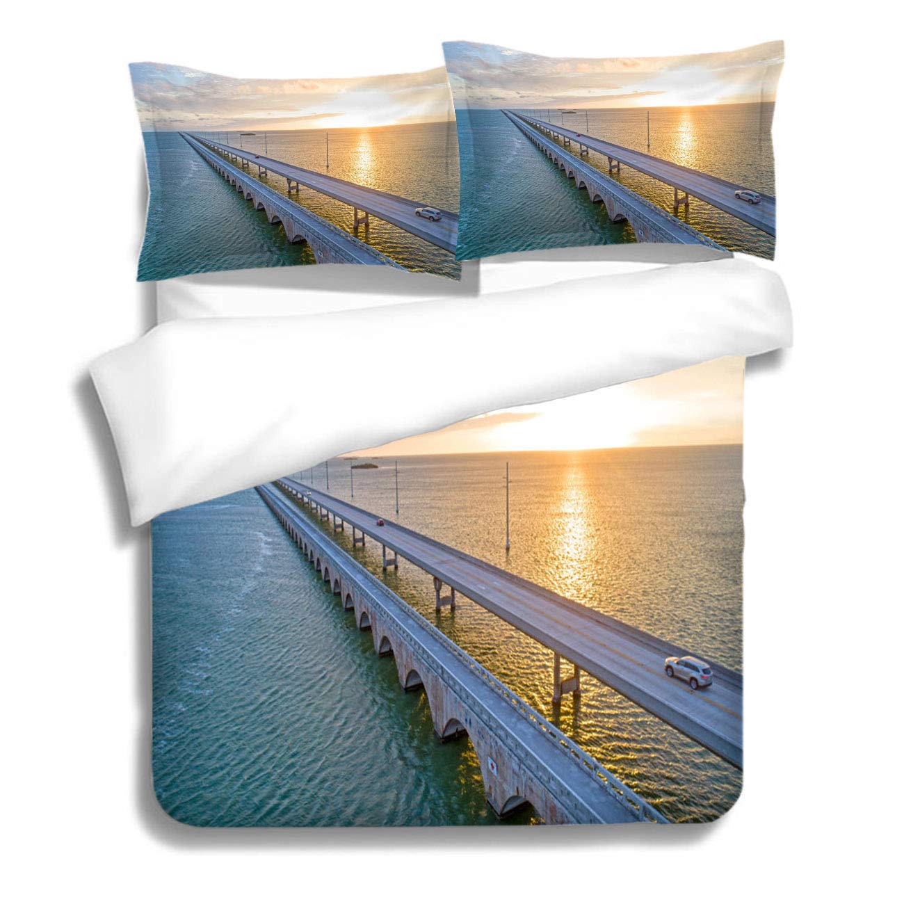 RLDSESS Ocean 3 Piece Quilt Set, Gal King Size,View from Florida Keys Tropical Road to Paradise,3 Piece Bedding Set with 2 Pillow Shams
