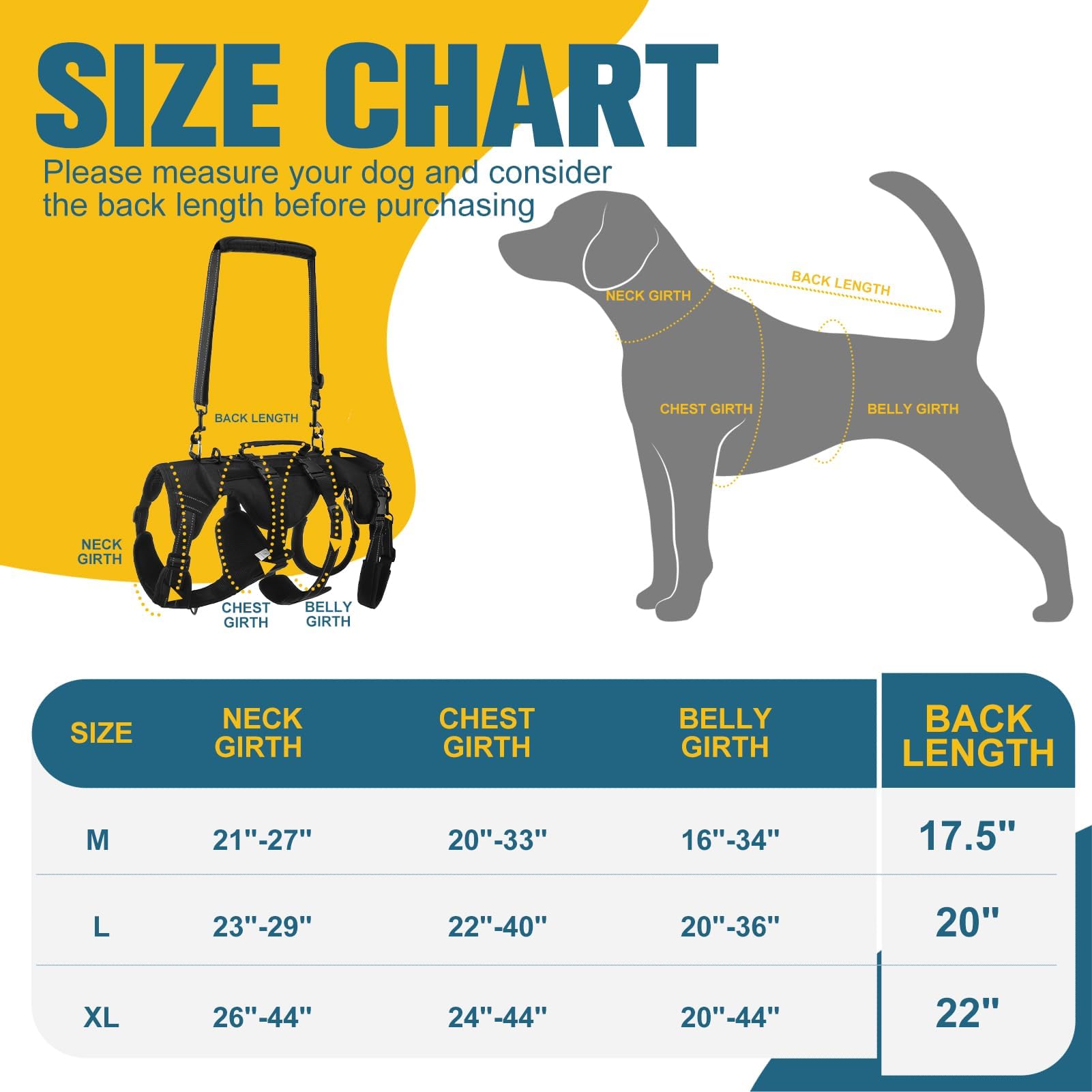 BINGPET Arnés de elevación para perros, soporte de pierna trasera para perros grandes, arnés reflectante ajustable con asa, correa multifuncional para perros mayores lesionados